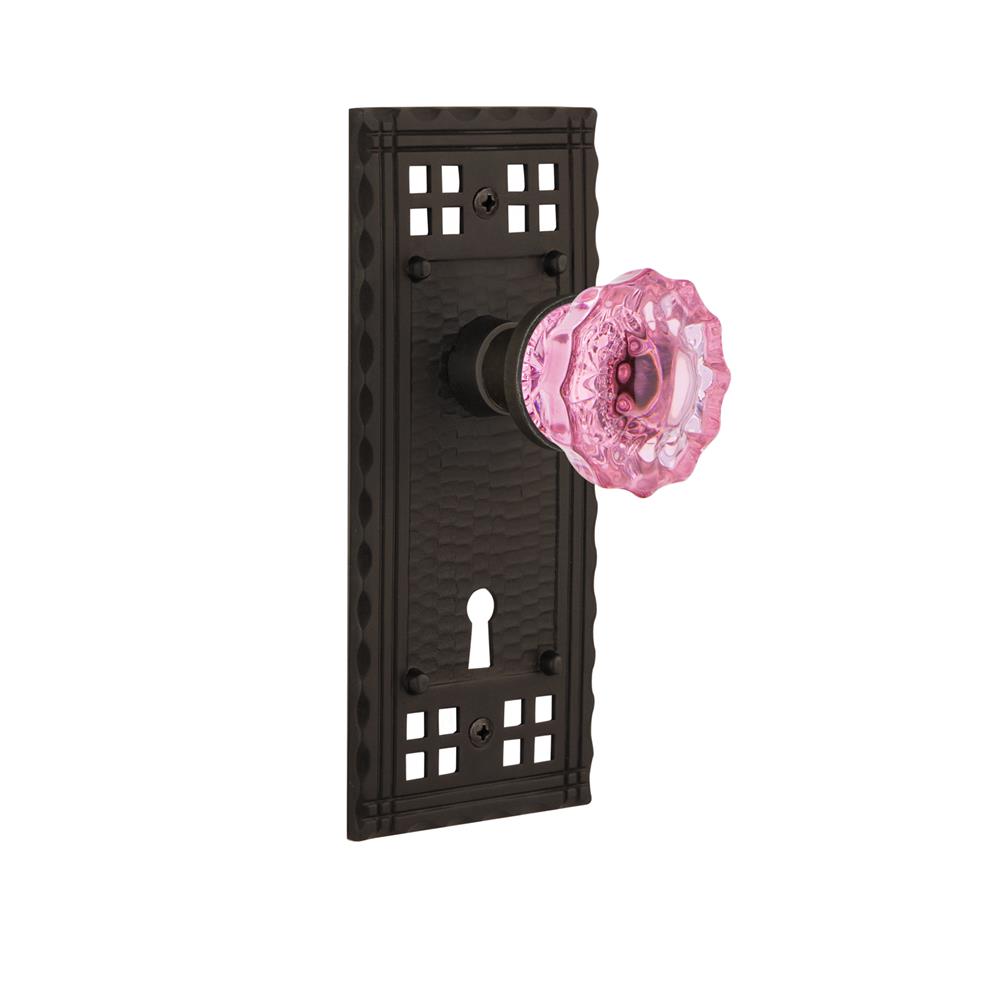 Nostalgic Warehouse CRACRP Colored Crystal Craftsman Plate Interior Mortise Crystal Pink Glass Door Knob in Oil-Rubbed Bronze